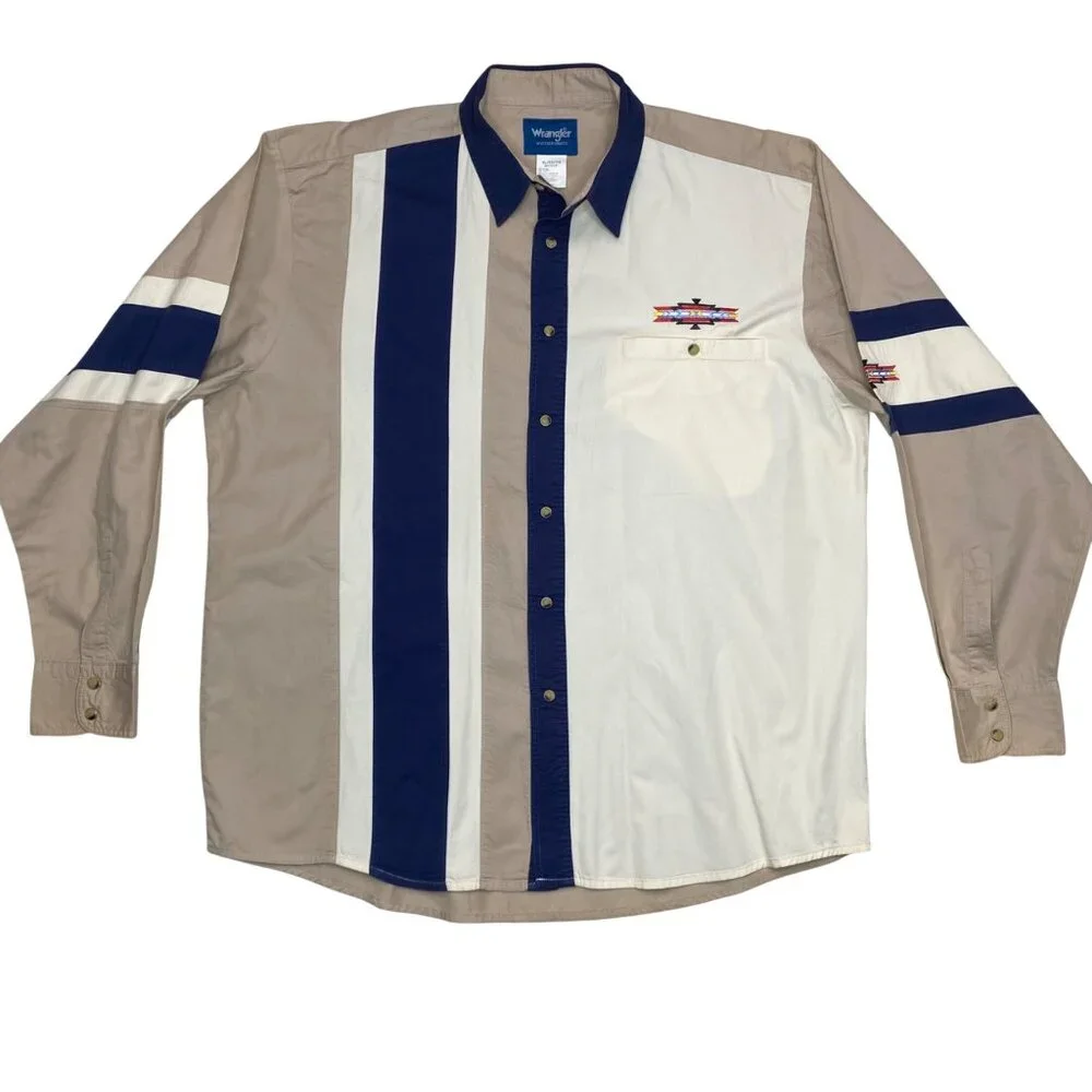 VTG Wrangler Beige/Blue Color block Embroidered southwestern Snap shirt XL - Picture 1 of 9